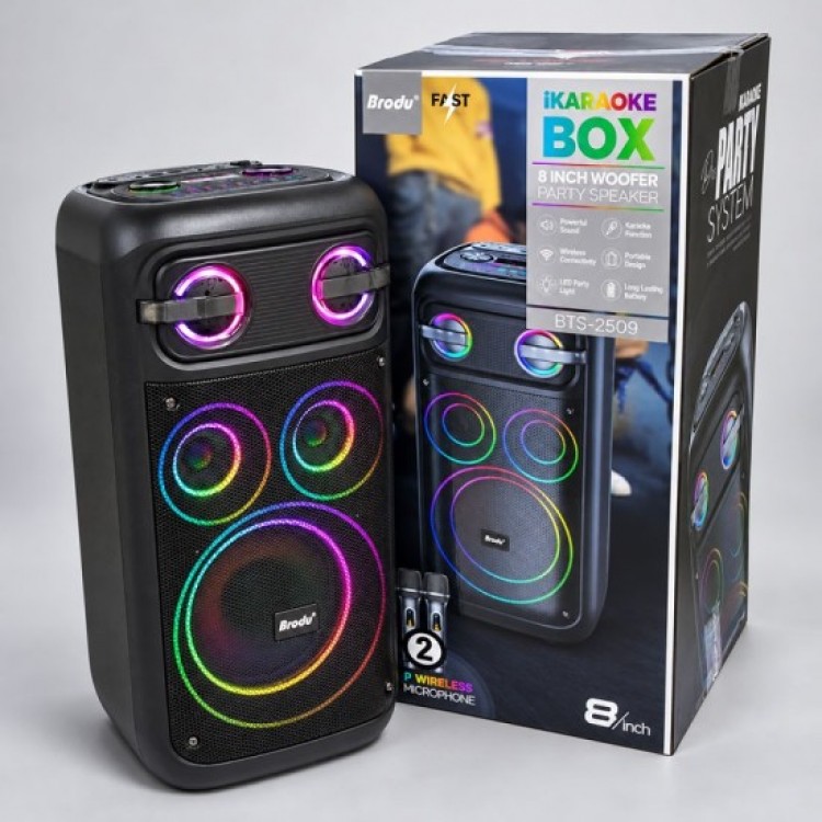 Караоке тонколона BTS-2509 с говорител 8", 2 безжични микрофона, RGB светлини и LCD дисплей Караоке тонколона BTS-2509 с говорител 8", 2 безжични микрофона, RGB светлини и LCD дисплей
