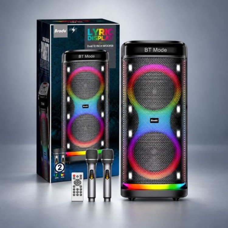 Караоке тонколона 2 × 10" с RGB светлини, 2 безжични микрофона, LCD дисплей и вход за китара Караоке тонколона 2 × 10" с RGB светлини, 2 безжични микрофона, LCD дисплей и вход за китара