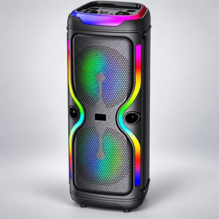 Караоке тонколона Brodu BTS-2147 с 2 говорителя по 12", 300 W PMPO, безжичен микрофон, RGB светлини, Bluetooth 5.0 и TWS Караоке тонколона Brodu BTS-2147 с 2 говорителя по 12", 300 W PMPO, безжичен микрофон, RGB светлини, Bluetooth 5.0 и TWS