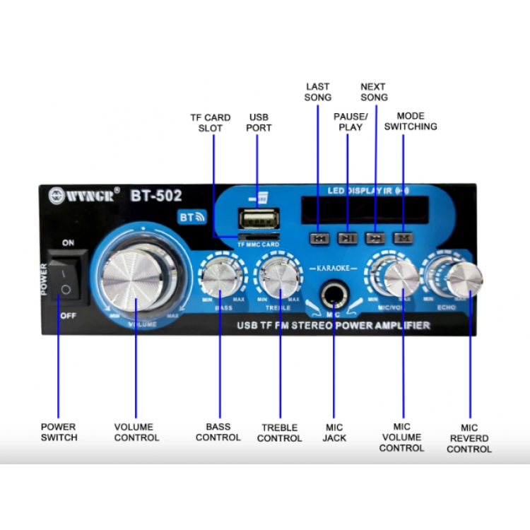 Домашен блутут аудио усилвател BT-502 - USB,FM,TFT,BLT, 2x30W, 220VAC Домашен блутут аудио усилвател BT-502 - USB,FM,TFT,BLT, 2x30W, 220VAC