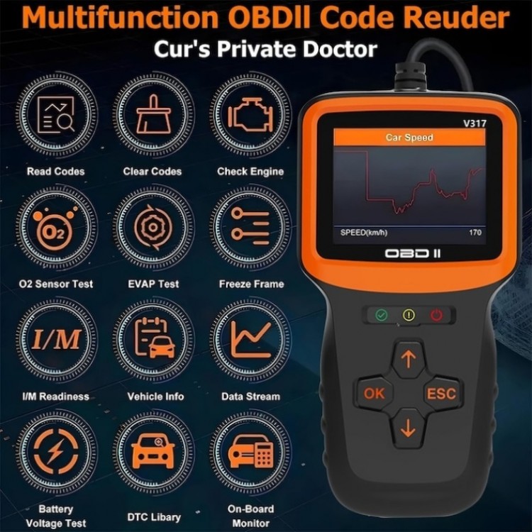 Автодиагностика V317 OBD2/EOBD с цветен LCD дисплей, 9 протокола, 8 езика, 12V Автодиагностика V317 OBD2/EOBD с цветен LCD дисплей, 9 протокола, 8 езика, 12V