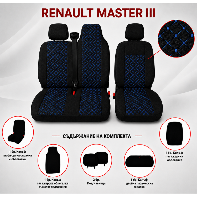 Комплект 2+1 Тапицерия за RENAULT MASTER III 2010-2019 – Текстил, Черна със син шев, 6 части Комплект 2+1 Тапицерия за RENAULT MASTER III 2010-2019 – Текстил, Черна със син шев, 6 части