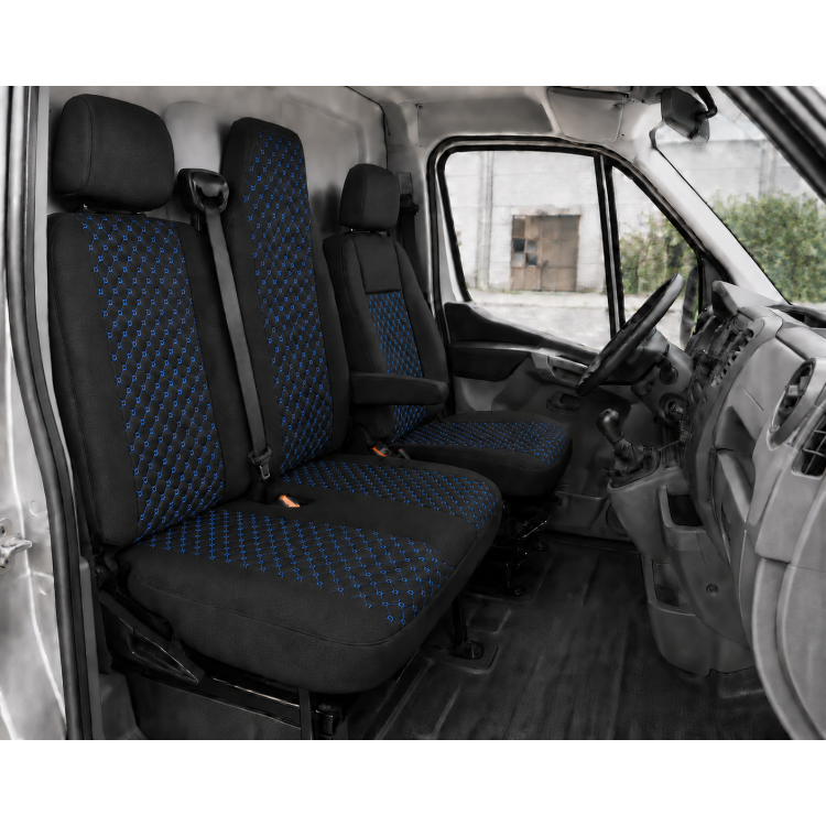 Комплект 2+1 Тапицерия за RENAULT MASTER III 2010-2019 – Текстил, Черна със син шев, 6 части Комплект 2+1 Тапицерия за RENAULT MASTER III 2010-2019 – Текстил, Черна със син шев, 6 части
