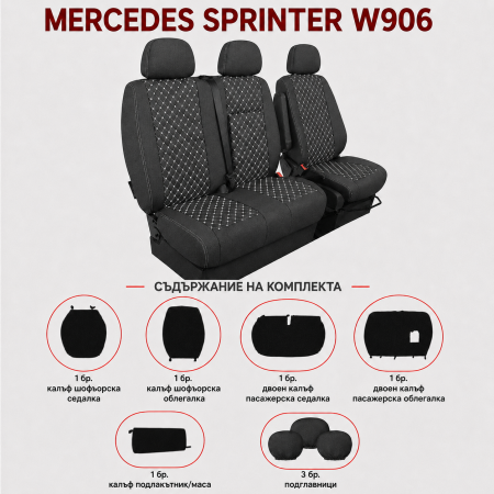 Комплект 2+1 Тапицерия за MERCEDES SPRINTER W906 2006-2018 – Текстил, Черна с бял шев, 8 части Комплект 2+1 Тапицерия за MERCEDES SPRINTER W906 2006-2018 – Текстил, Черна с бял шев, 8 части