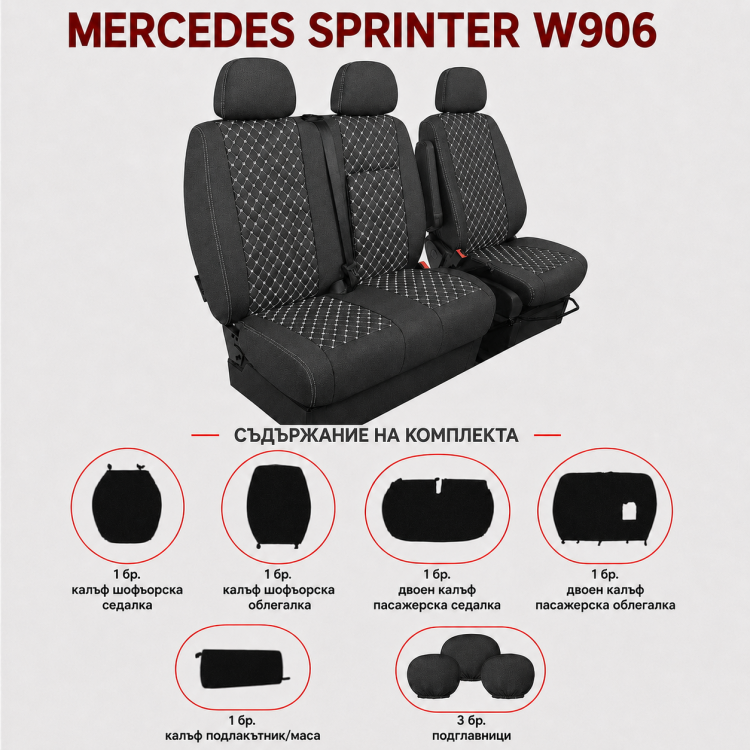 Комплект 2+1 Тапицерия за MERCEDES SPRINTER W906 2006-2018 – Текстил, Черна с бял шев, 8 части Комплект 2+1 Тапицерия за MERCEDES SPRINTER W906 2006-2018 – Текстил, Черна с бял шев, 8 части