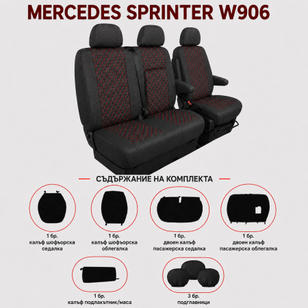 Комплект 2+1 Тапицерия за MERCEDES SPRINTER W906 2006-2018 – Текстил, Черна с червен шев, 8 части Комплект 2+1 Тапицерия за MERCEDES SPRINTER W906 2006-2018 – Текстил, Черна с червен шев, 8 части
