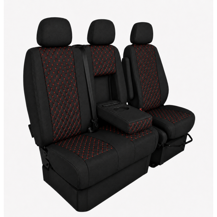 Комплект 2+1 Тапицерия за MERCEDES SPRINTER W906 2006-2018 – Текстил, Черна с червен шев, 8 части Комплект 2+1 Тапицерия за MERCEDES SPRINTER W906 2006-2018 – Текстил, Черна с червен шев, 8 части