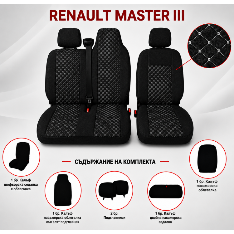 Комплект 2+1 Тапицерия за RENAULT MASTER III 2010-2019 – Текстил, Черна с бял шев, 6 части Комплект 2+1 Тапицерия за RENAULT MASTER III 2010-2019 – Текстил, Черна с бял шев, 6 части