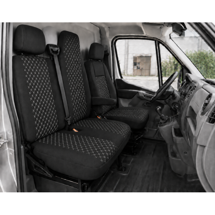 Комплект 2+1 Тапицерия за RENAULT MASTER III 2010-2019 – Текстил, Черна с бял шев, 6 части Комплект 2+1 Тапицерия за RENAULT MASTER III 2010-2019 – Текстил, Черна с бял шев, 6 части