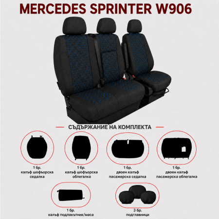 Комплект 2+1 Тапицерия за MERCEDES SPRINTER W906 2006-2018 – Текстил, Черна със син шев, 8 части Комплект 2+1 Тапицерия за MERCEDES SPRINTER W906 2006-2018 – Текстил, Черна със син шев, 8 части