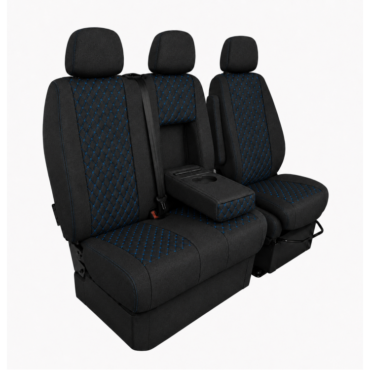 Комплект 2+1 Тапицерия за MERCEDES SPRINTER W906 2006-2018 – Текстил, Черна със син шев, 8 части Комплект 2+1 Тапицерия за MERCEDES SPRINTER W906 2006-2018 – Текстил, Черна със син шев, 8 части
