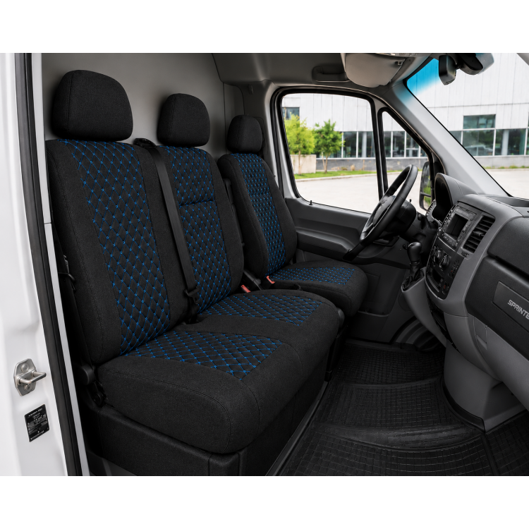 Комплект 2+1 Тапицерия за MERCEDES SPRINTER W906 2006-2018 – Текстил, Черна със син шев, 8 части Комплект 2+1 Тапицерия за MERCEDES SPRINTER W906 2006-2018 – Текстил, Черна със син шев, 8 части