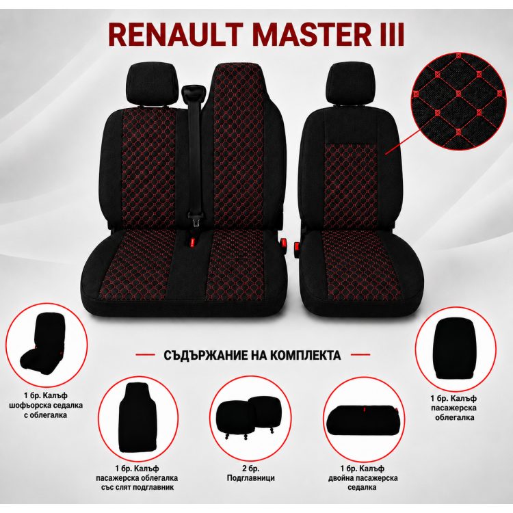 Комплект 2+1 Тапицерия за RENAULT MASTER III 2010-2019 – Текстил, Черна с червен шев, 6 части Комплект 2+1 Тапицерия за RENAULT MASTER III 2010-2019 – Текстил, Черна с червен шев, 6 части
