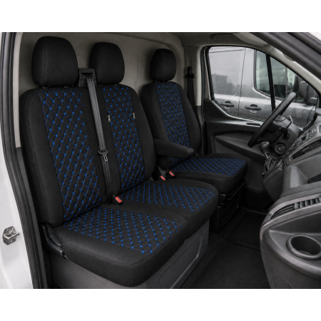 Комплект 2+1 Тапицерия за FORD TRANSIT CUSTOM 2009+ – Еко кожа, Черна със син шев, 8 части