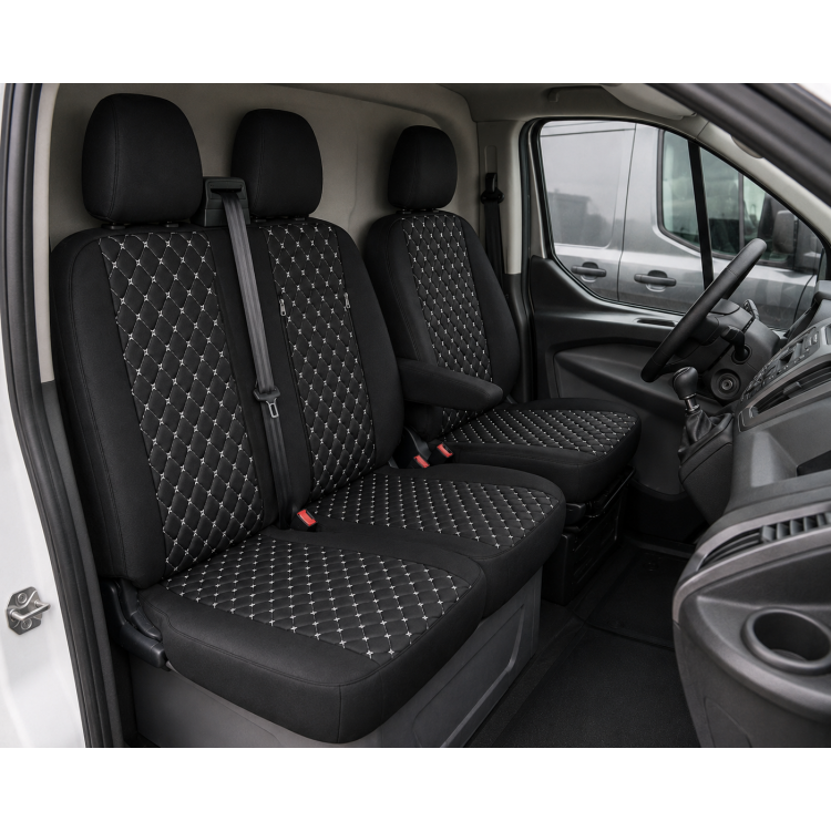 Комплект 2+1 Тапицерия за FORD TRANSIT CUSTOM 2009+ – Еко кожа, Черна с бял шев, 8 части Комплект 2+1 Тапицерия за FORD TRANSIT CUSTOM 2009+ – Еко кожа, Черна с бял шев, 8 части