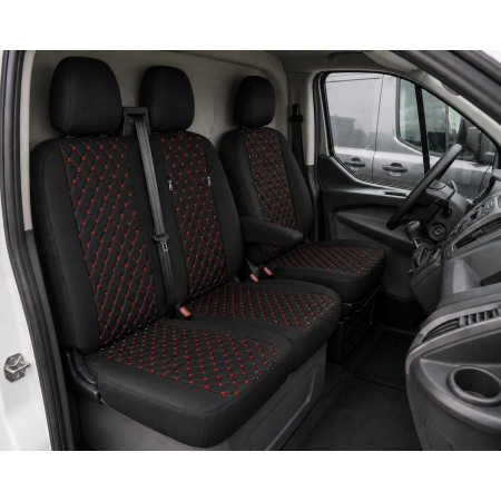 Комплект 2+1 Тапицерия за FORD TRANSIT CUSTOM 2009+ – Еко кожа, Черна с червен шев, 8 части