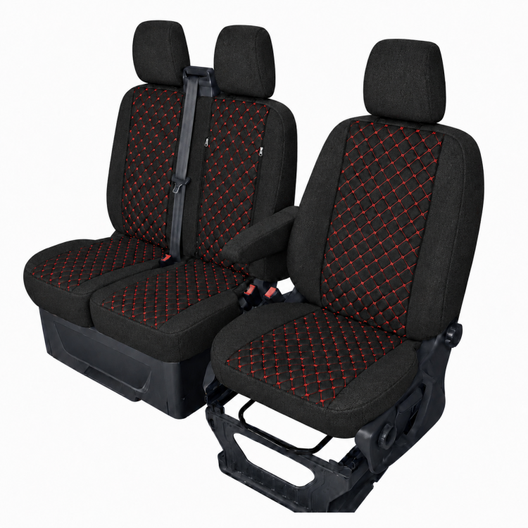 Комплект 2+1 Тапицерия за FORD TRANSIT CUSTOM 2009+ – Текстил, Черна с червен шев, 8 части Комплект 2+1 Тапицерия за FORD TRANSIT CUSTOM 2009+ – Текстил, Черна с червен шев, 8 части