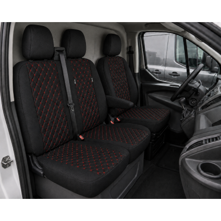 Комплект 2+1 Тапицерия за FORD TRANSIT CUSTOM 2009+ – Текстил, Черна с червен шев, 8 части