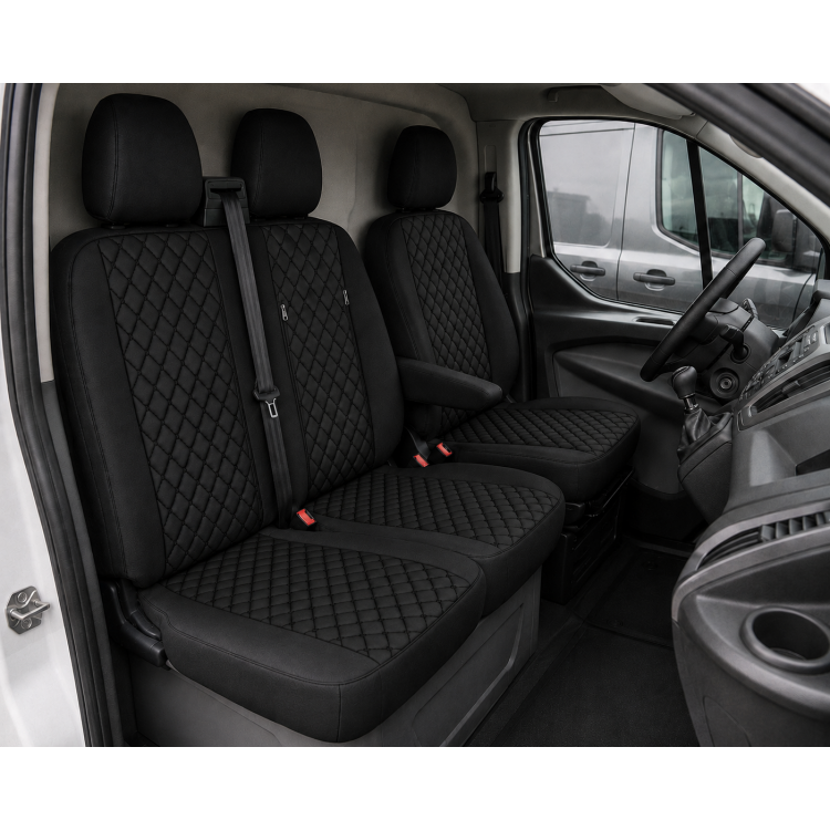 Комплект 2+1 Тапицерия за FORD TRANSIT CUSTOM 2009+ – Еко кожа, Черна с черен шев, 8 части Комплект 2+1 Тапицерия за FORD TRANSIT CUSTOM 2009+ – Еко кожа, Черна с черен шев, 8 части