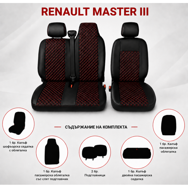 Комплект 2+1 Тапицерия за RENAULT MASTER III 2010-2019 – Еко кожа, Черна с червен шев, 6 части Комплект 2+1 Тапицерия за RENAULT MASTER III 2010-2019 – Еко кожа, Черна с червен шев, 6 части