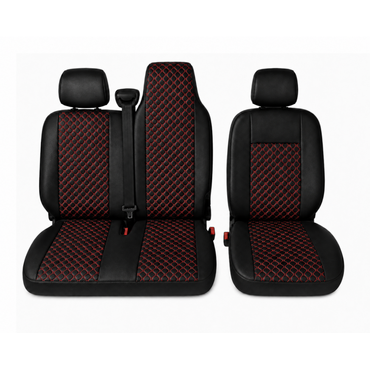 Комплект 2+1 Тапицерия за RENAULT MASTER III 2010-2019 – Еко кожа, Черна с червен шев, 6 части Комплект 2+1 Тапицерия за RENAULT MASTER III 2010-2019 – Еко кожа, Черна с червен шев, 6 части