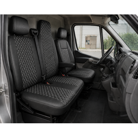 Комплект 2+1 Тапицерия за RENAULT MASTER III 2010-2019 – Еко кожа, Черна с бял шев, 6 части