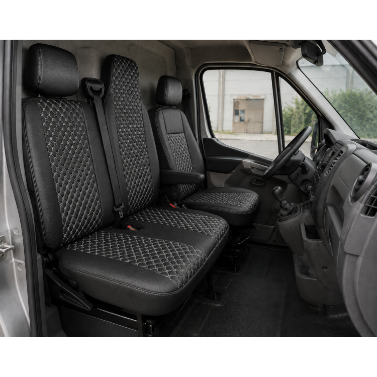 Комплект 2+1 Тапицерия за RENAULT MASTER III 2010-2019 – Еко кожа, Черна с бял шев, 6 части Комплект 2+1 Тапицерия за RENAULT MASTER III 2010-2019 – Еко кожа, Черна с бял шев, 6 части