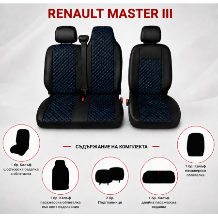 Комплект 2+1 Тапицерия за RENAULT MASTER III 2010-2019 – Еко кожа, Черна със син шев, 6 части Комплект 2+1 Тапицерия за RENAULT MASTER III 2010-2019 – Еко кожа, Черна със син шев, 6 части