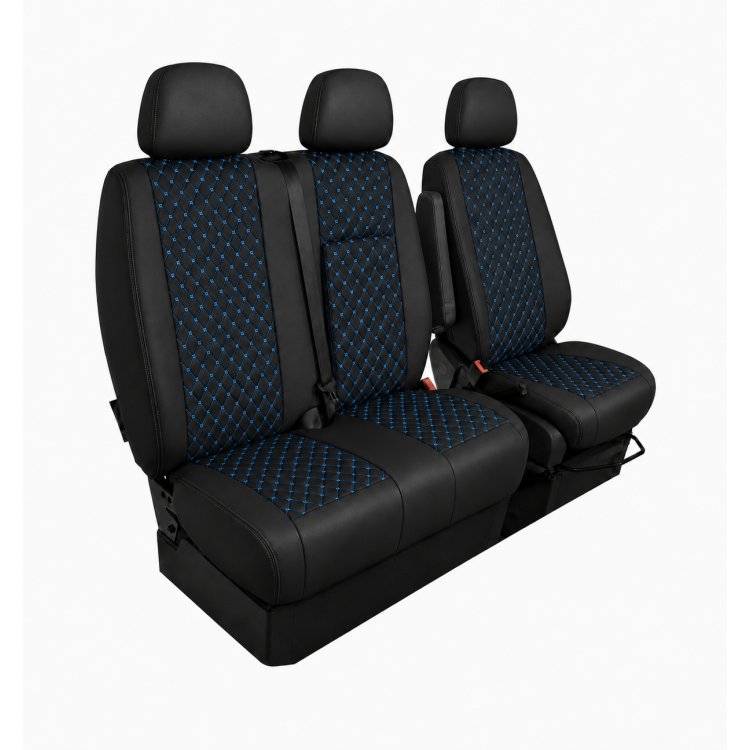 Комплект 2+1 Тапицерия за MERCEDES SPRINTER W906 2006-2018 – Еко кожа, Черна със син шев, 8 части Комплект 2+1 Тапицерия за MERCEDES SPRINTER W906 2006-2018 – Еко кожа, Черна със син шев, 8 части