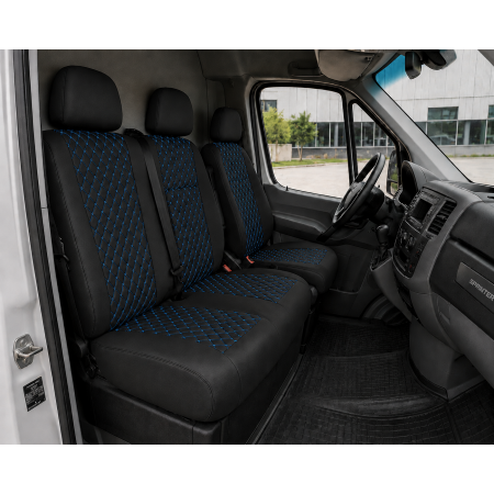 Комплект 2+1 Тапицерия за MERCEDES SPRINTER W906 2006-2018 – Еко кожа, Черна със син шев, 8 части
