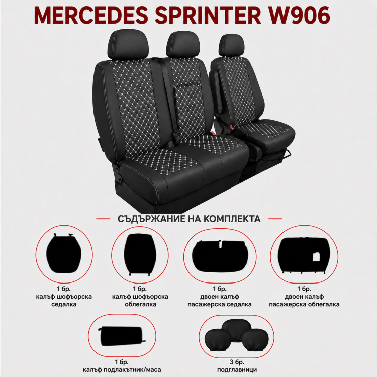 Комплект 2+1 Тапицерия за MERCEDES SPRINTER W906 2006-2018 – Еко кожа, Черна с бял шев, 8 части Комплект 2+1 Тапицерия за MERCEDES SPRINTER W906 2006-2018 – Еко кожа, Черна с бял шев, 8 части