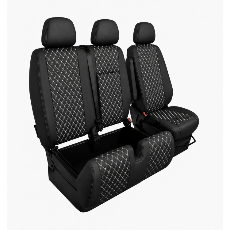 Комплект 2+1 Тапицерия за MERCEDES SPRINTER W906 2006-2018 – Еко кожа, Черна с бял шев, 8 части Комплект 2+1 Тапицерия за MERCEDES SPRINTER W906 2006-2018 – Еко кожа, Черна с бял шев, 8 части