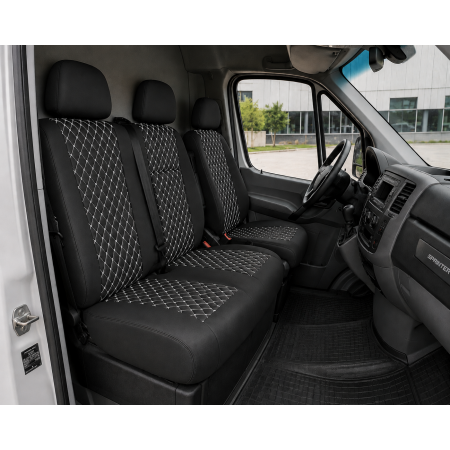 Комплект 2+1 Тапицерия за MERCEDES SPRINTER W906 2006-2018 – Еко кожа, Черна с бял шев, 8 части
