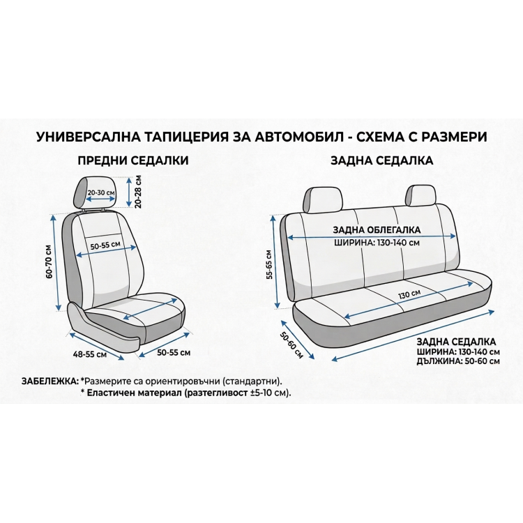 Универсална текстилна тапицерия за предни и задни седалки за автомобил, черно-синя, 9 части