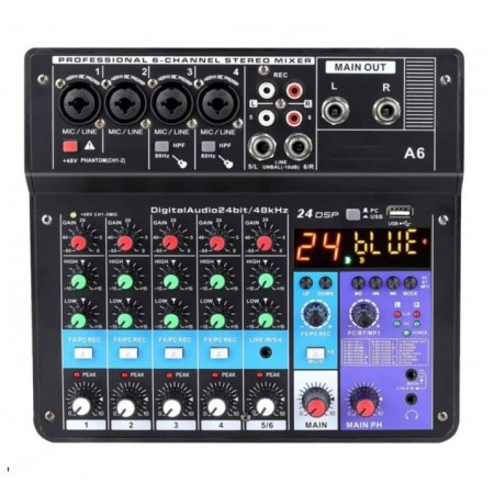 СМЕСИТЕЛ МИКСЕР С ЦИФРОВА АУДИО КАРТА A6 MP3/БЛУТУТ 6 КАНАЛА СМЕСИТЕЛ МИКСЕР С ЦИФРОВА АУДИО КАРТА A6 MP3/БЛУТУТ 6 КАНАЛА