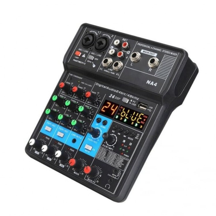 СМЕСИТЕЛ МИКСЕР С ЦИФРОВА АУДИО КАРТА NA4 MP3/БЛУТУТ DSP ЕФЕКТИ 4 КАНАЛА СМЕСИТЕЛ МИКСЕР С ЦИФРОВА АУДИО КАРТА NA4 MP3/БЛУТУТ DSP ЕФЕКТИ 4 КАНАЛА