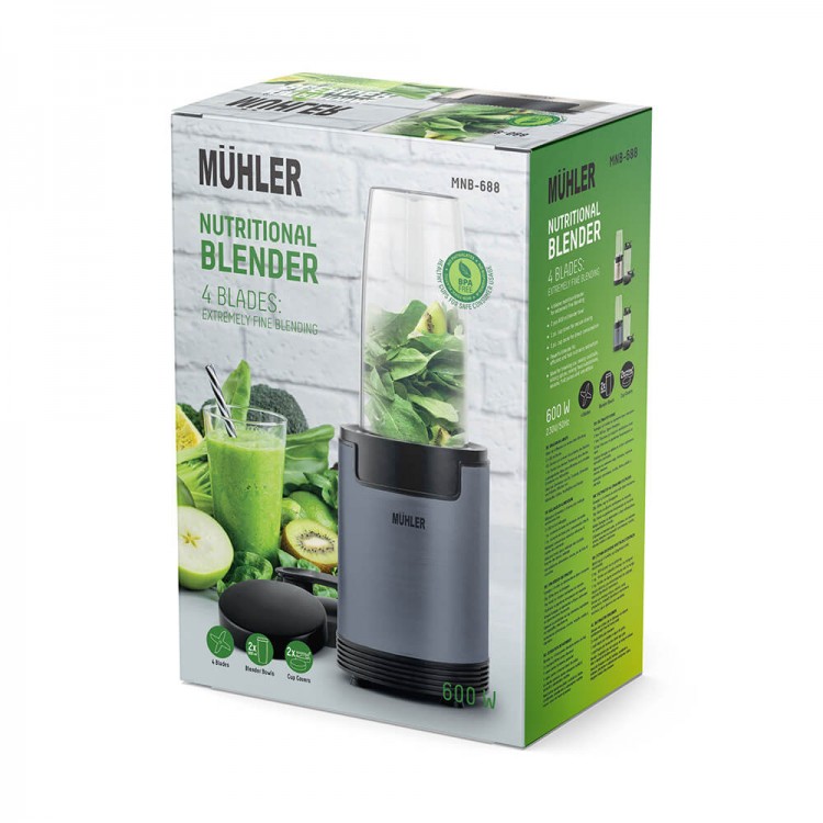 Нутри блендер Muhler MNB-688, 600W, 6 ножа, 2 чаши, Ash Grey Нутри блендер Muhler MNB-688, 600W, 6 ножа, 2 чаши, Ash Grey