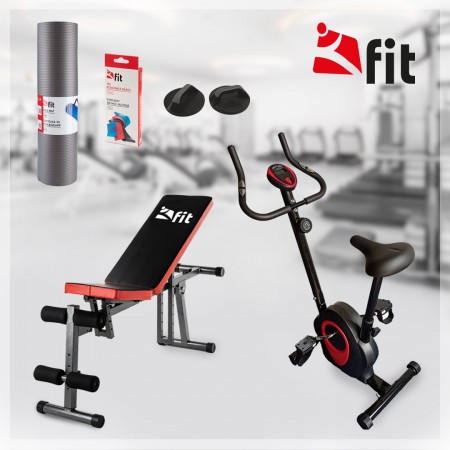 Промо-комплект Kfit Велоергометър Mount, Сгъваема лежанка Simple Flex, Стойки за лицеви опори, 3 фитнес-ластици и Фитнес-постелка