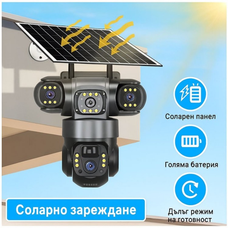 Соларна камера – 6MP Full HD, троен обектив, движение, нощно виждане, двупосочна комуникация, IP66 Соларна камера – 6MP Full HD, троен обектив, движение, нощно виждане, двупосочна комуникация, IP66