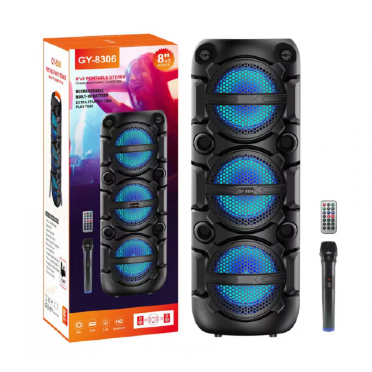 Безжична тонколона GY-8306, 3x8inch говорители и безжичен микрофон Безжична тонколона GY-8306, 3x8inch говорители и безжичен микрофон