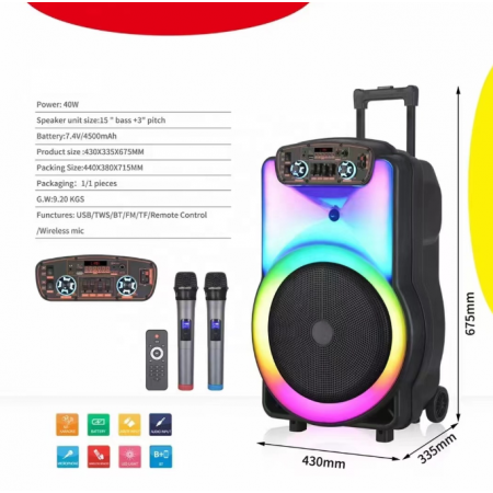 Безжична тонколона BT-1518 15inch с два безжични микрофона Безжична тонколона BT-1518 15inch с два безжични микрофона