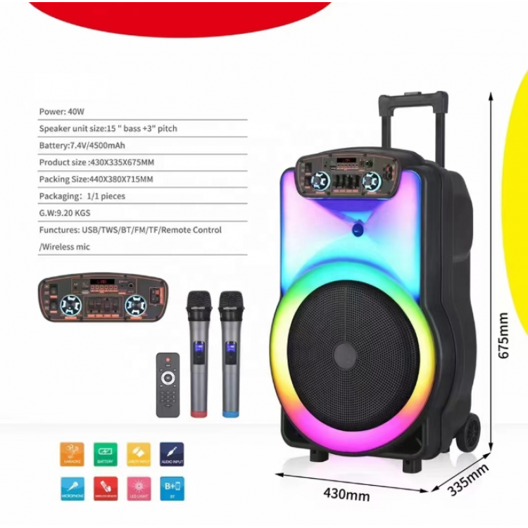 Безжична тонколона BT-1518 15inch с два безжични микрофона Безжична тонколона BT-1518 15inch с два безжични микрофона