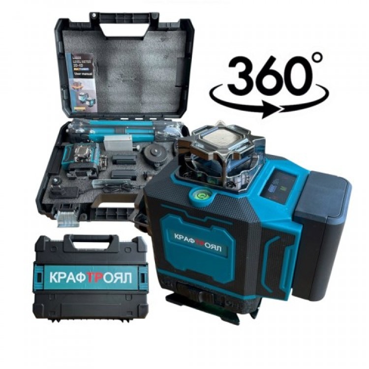 4D лазерен нивелир с 360 градуса завъртане, 16 линии ( със зелен лазер ) и дисплей ,със стойка KraftRoyal 4D лазерен нивелир с 360 градуса завъртане, 16 линии ( със зелен лазер ) и дисплей ,със стойка KraftRoyal
