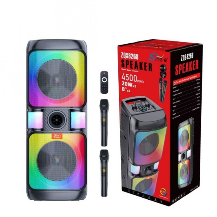 Преносима Bluetooth тонколона QS8268 с 2х8 инча говорители и 2 безжични микрофона Преносима Bluetooth тонколона QS8268 с 2х8 инча говорители и 2 безжични микрофона