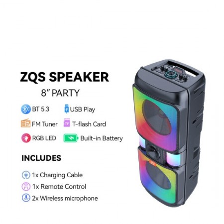 Преносима Bluetooth тонколона QS8268 с 2х8 инча говорители и 2 безжични микрофона Преносима Bluetooth тонколона QS8268 с 2х8 инча говорители и 2 безжични микрофона