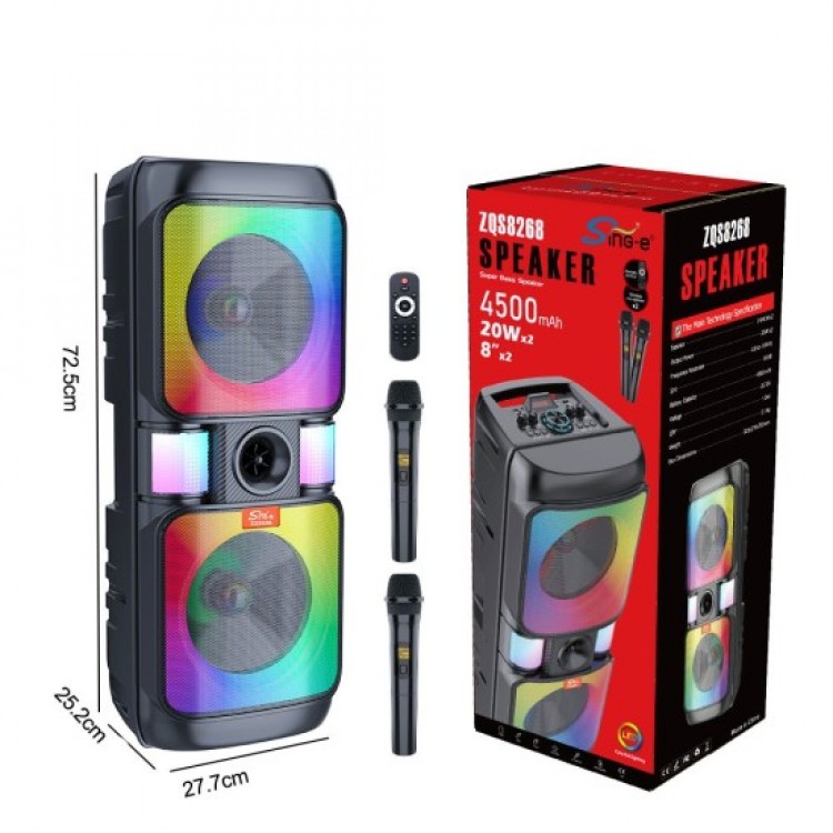 Преносима Bluetooth тонколона QS8268 с 2х8 инча говорители и 2 безжични микрофона Преносима Bluetooth тонколона QS8268 с 2х8 инча говорители и 2 безжични микрофона