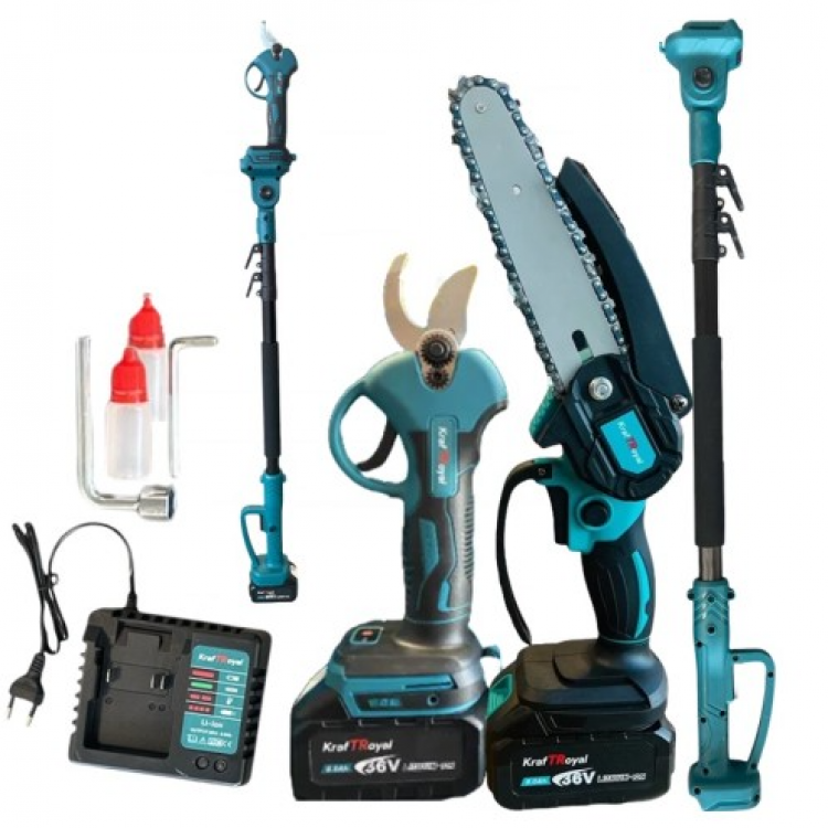 Комплект 3 в 1 акумулаторна лозарска ножица и мини верижен трион с маслен филтър и телескопичен прът 36V 8Ah KraftRoyal