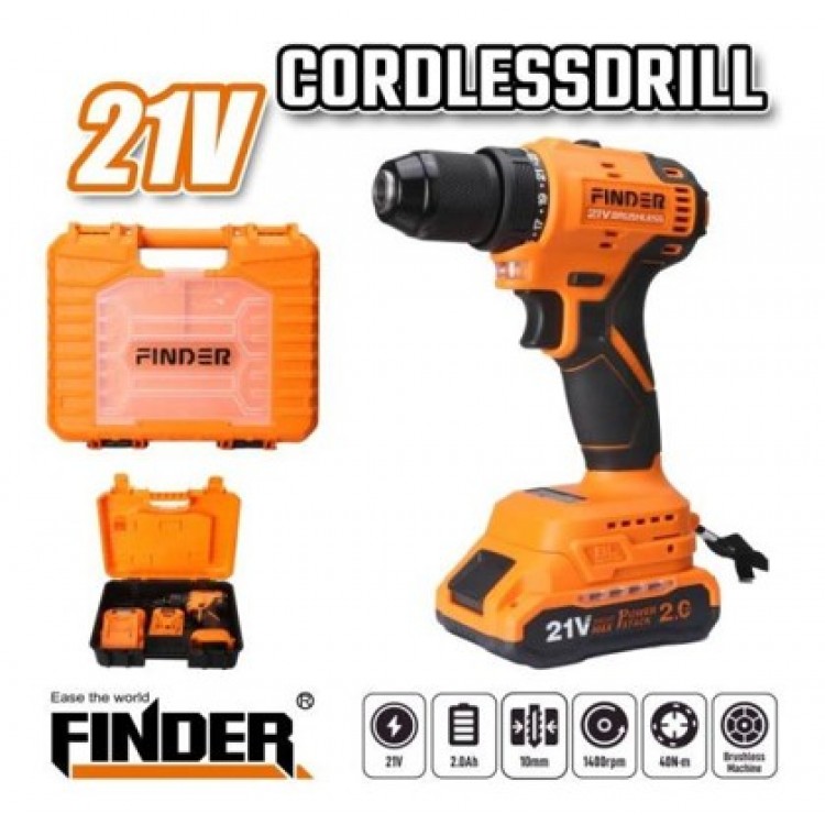 Акумулаторен безчетков винтоверт FINDER,Батерия 2aH, 1400RPM, 40nM, Метална глава Акумулаторен безчетков винтоверт FINDER,Батерия 2aH, 1400RPM, 40nM, Метална глава