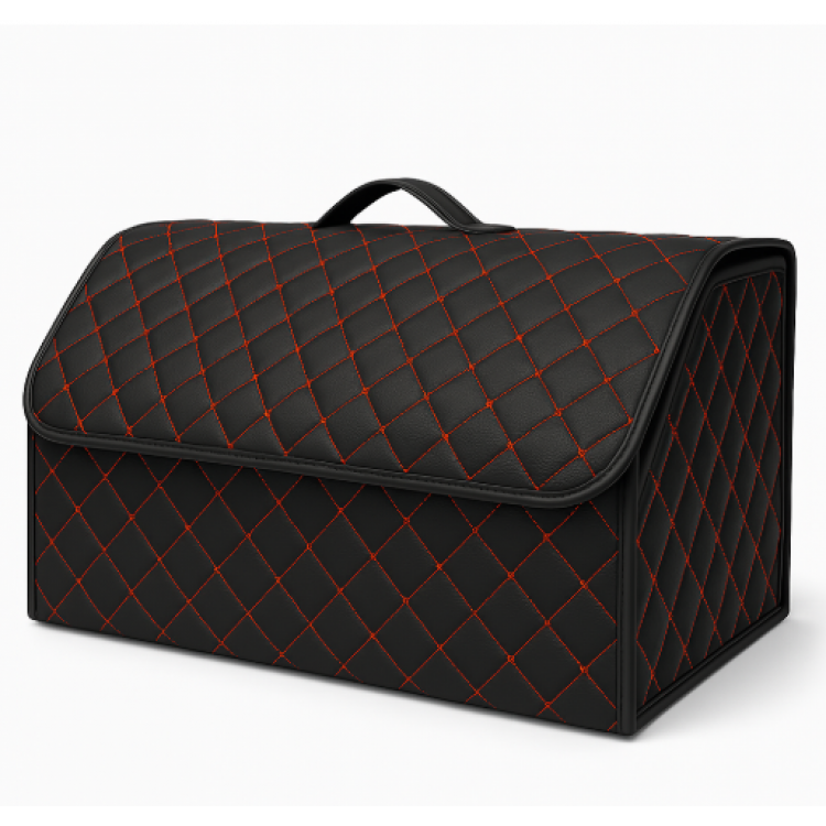 Луксозен кожен органайзер за багажник сгъваема кутия за съхранение с червен шев 66x30x30см Луксозен кожен органайзер за багажник сгъваема кутия за съхранение с червен шев 66x30x30см