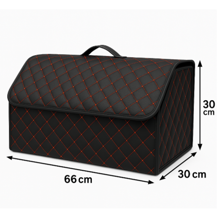 Луксозен кожен органайзер за багажник сгъваема кутия за съхранение с червен шев 66x30x30см Луксозен кожен органайзер за багажник сгъваема кутия за съхранение с червен шев 66x30x30см